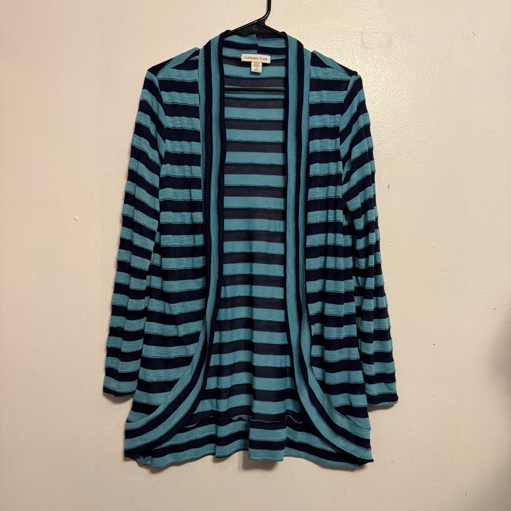 Coldwater Creek Teal and Black Striped Cardigan Women’s Size Medium‎ Open